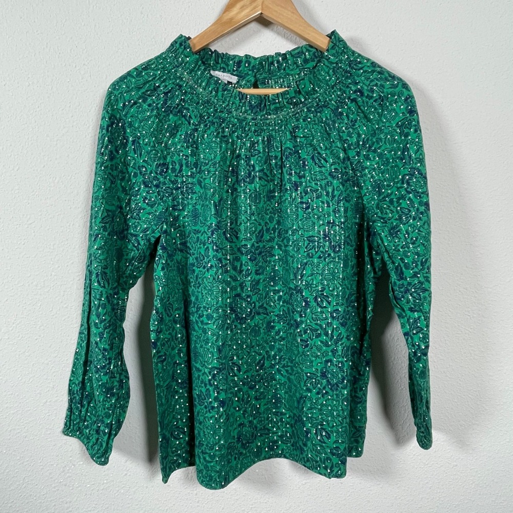 Talbots Floral Fairycore Metallic Womens L Green Smocked Mock Neck Shimmer Top